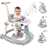 Baby Walker, 4-in-1 Baby Walker with Wheels Portable, Foldable Infant Toddler Walker for Boys Girls 6-18 Month,Removable Footrest,Car Steering Wheel & Music, Adjustable Push Walker Grey