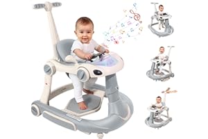 LERRUTUE Baby Walker, 4-in-1 Baby Walker with Wheels Portable, Foldable Infant Toddler Walker for Boys Girls 6-18 Month,Removable Footrest,Car Steering Wheel & Music, Adjustable Push Walker Grey
