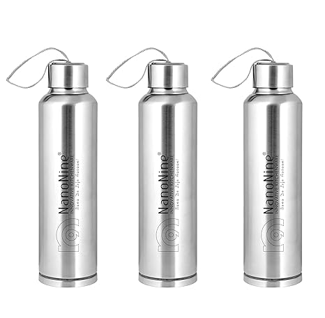 NanoNine Supor Steel Single Wall Stainless Steel Fridge Water Bottle, 1 Litre, Set of 3