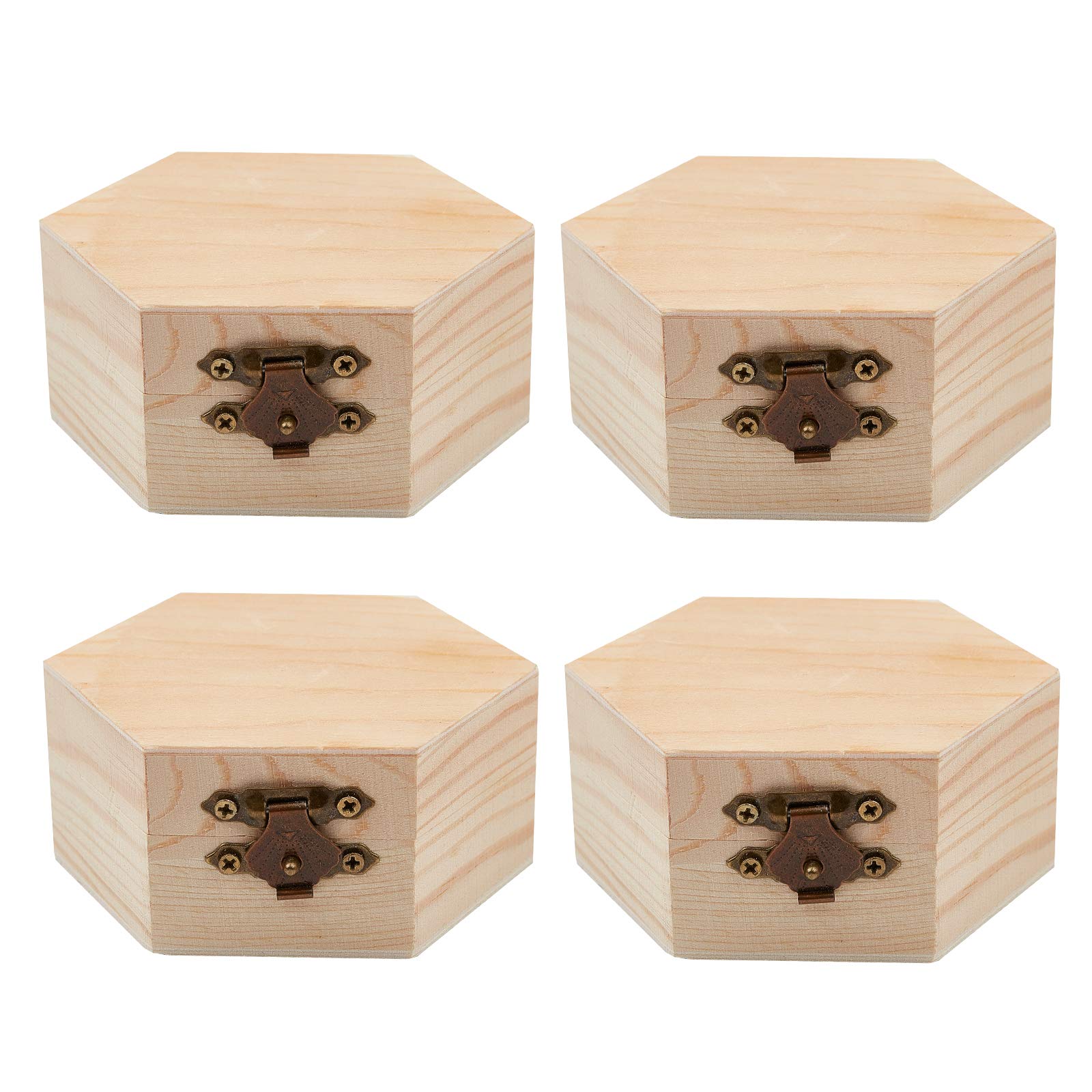 GORGECRAFT 4PCS Unfinished Wood Box Hexagon Wooden Storage Box with Hinged Lid and Front Clasp for DIY Easter Arts Hobbies Jewelry Box