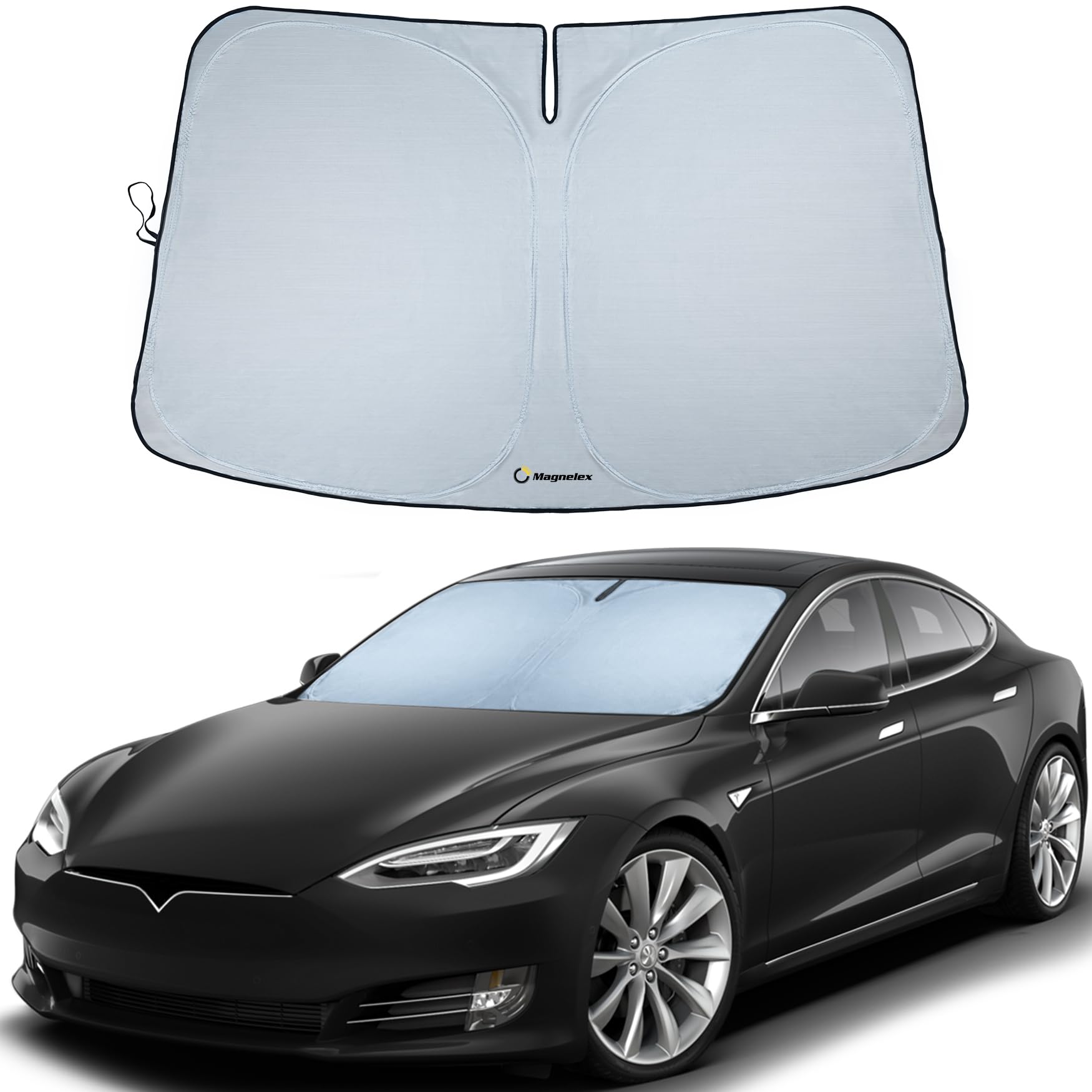Photo 1 of Magnelex Tesla Windshield Sun Shade (Model S), Reflective Polyester Blocks Heat & Sun, Foldable Car Window Sun Blocker, Mirror Cut-Out, Fade-Resistant Sunshade, Tesla S Accessories