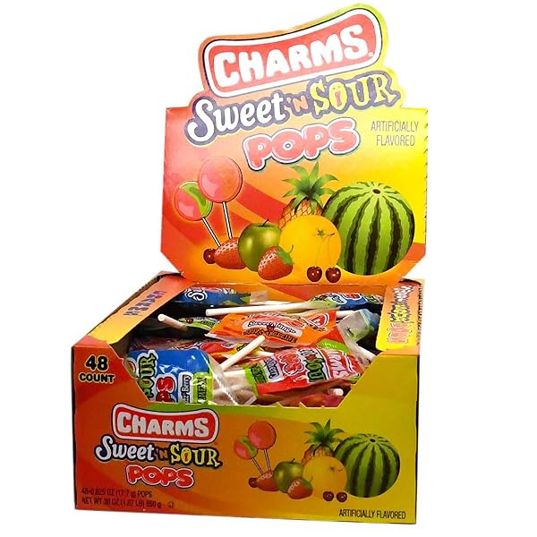 TOOTSIE ROLL CHARMS POPS, IN 5 ASSORTED SWEET/SOUR FLAVORS, 0.6 OUNCE (PACK OF 48)