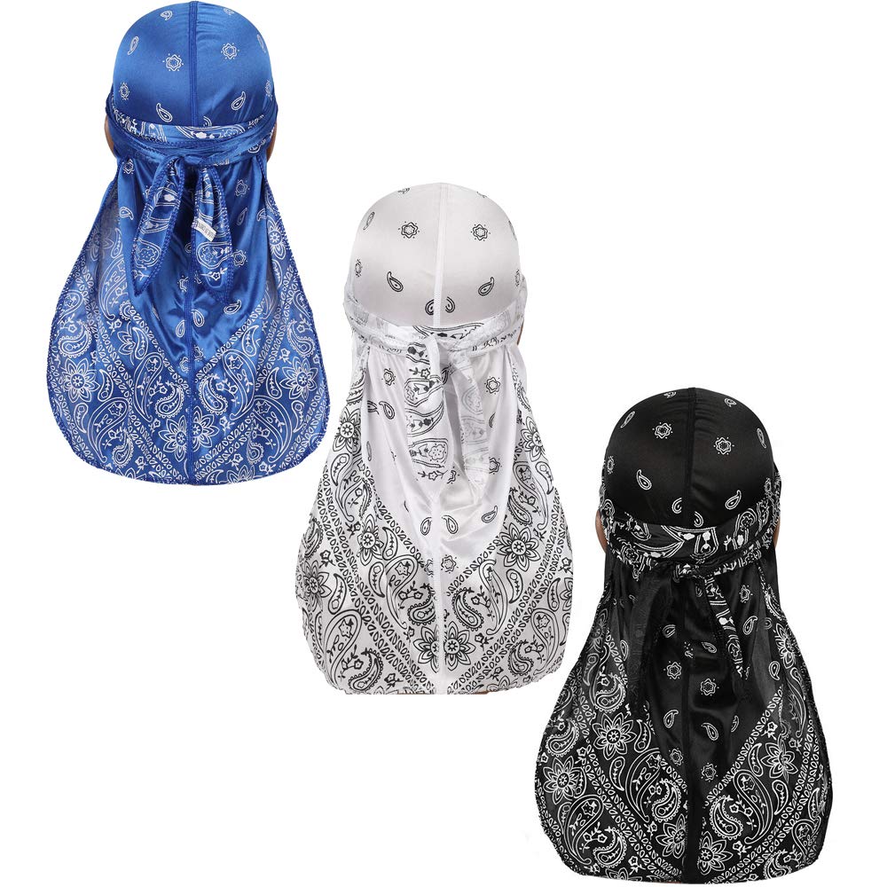Photo 1 of ***WHITE MISSING**
Assorted Paisley Bandana Doo rag Cap Headwraps Men's Women's Silk Durag with Long Tail and Wide Straps for 360 Waves (Black,Navy Bule,White)