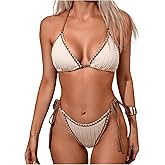 RoseSeek Women's 2 Piece Textured Color Block Swimsuit Halter Backless Bathing Suit Tie Side Thongs Bikini Sets