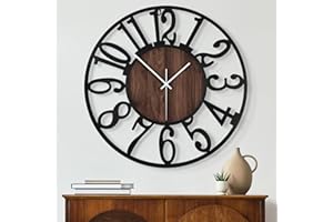 Maxstar Round Wall Clock for Living Room Decor Battery Operated Non Ticking Silent Vintage Black Metal Wood Clocks for Home L