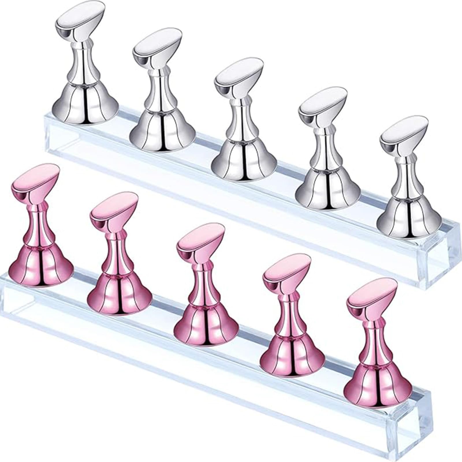 2 Sets Acrylic Nail Display Stand Nail Tip Practice Stand Magnetic Nail Practice Holder Fingernail DIY Nail Stand for False Nail Tip Manicure Tool (Pink and Silver)