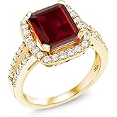 Gem Stone King 4.52 Ct Emerald Cut Red Garnet 18K Yellow Gold Plated Silver Ring