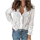 SHENHE Women's Lace Crochet Tunic Tops Casual Flowy Hollow Out V Neck Button Down Blouses Shirts 2025