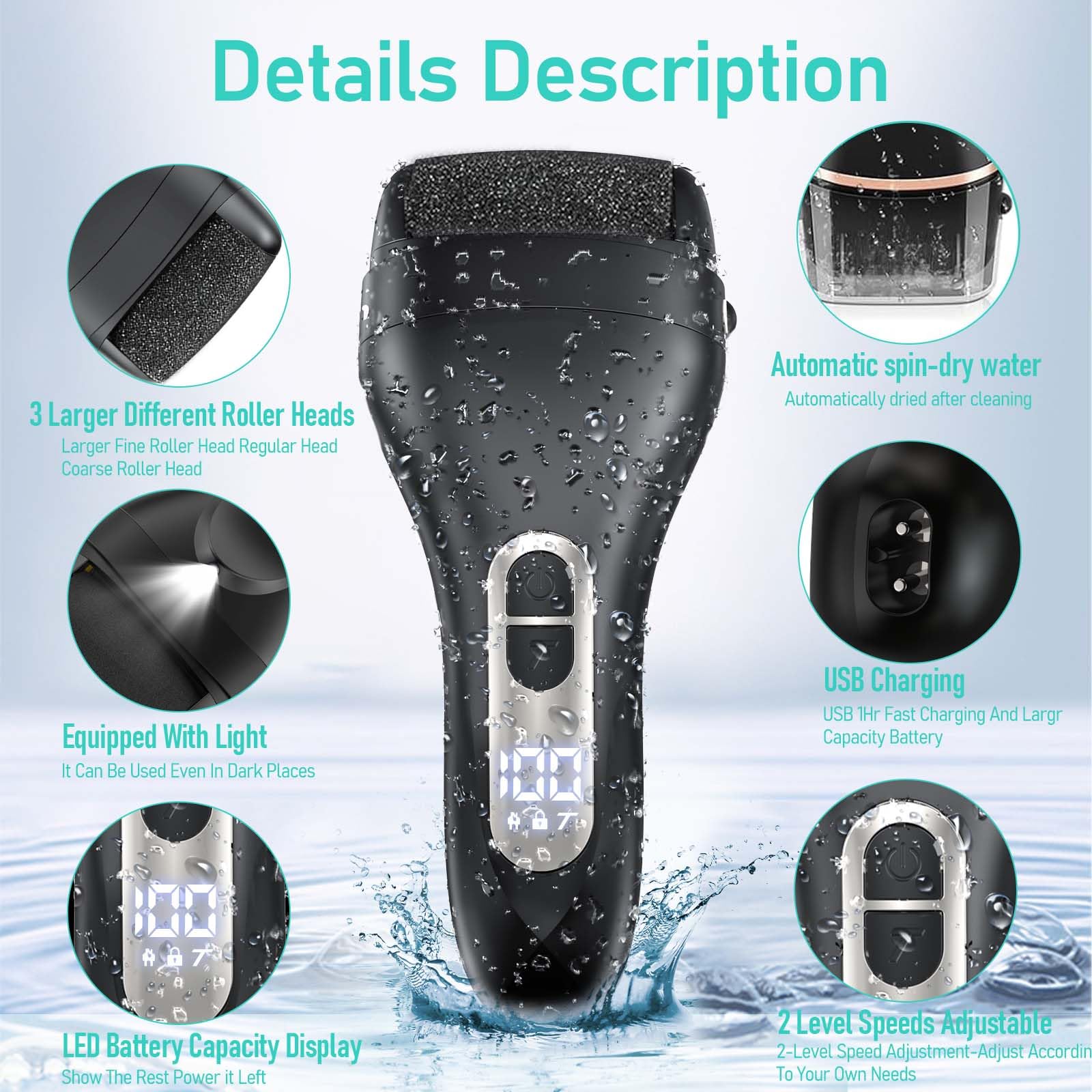 Electric Callus Remover for Feet - with Larger Grinding Head, Portable Pedicure Kit Foot File Callus Remover, Rechargeable Waterproof Foot File for Foot Care Deadskin Remover LCD Display-Black - Image 5