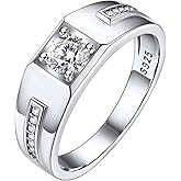 Bestyle Sterling Silver Ring for Men Wedding Band for Him, Black/White Gemstone Ring Silver Mens Signet Pinky Ring, Love Promise Ring for Dad/Husband, Size 6-13