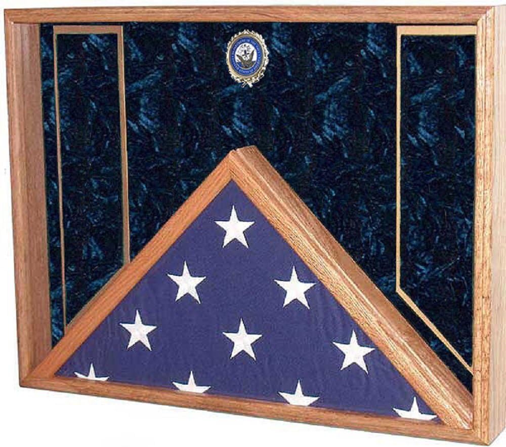 Burial Flag, Military Medal & Award Display Case - Shadow Box for 5x9.5 Burial / Coffin Flag (Navy Emblem / Blue Velvet)