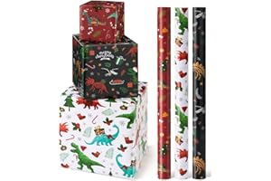 Christmas Dinosaur Wrapping Paper Rolls - 3 Rolls 17’’ x 120’’ Christmas Wrapping Paper Rolls Red Kids Boys Christmas Gift Wr