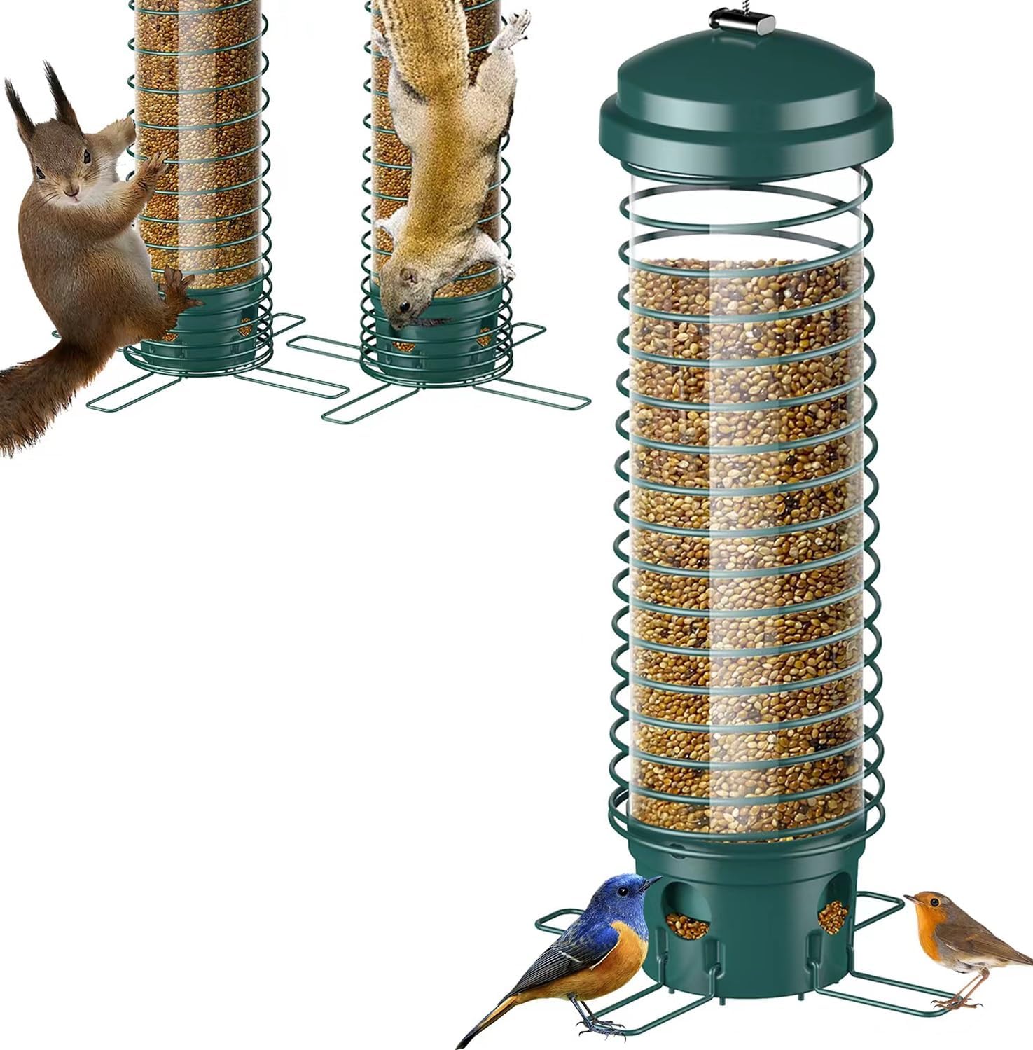 Backyard Birding & Wildlife - LCSEVEN Bird Feeder for Outside, Squirrel Proof Bird Feeders for Outdoors Hanging, Metal Wild Bird Seed Feeders for Bluebird, Cardinal, Finch, Sparrow, Blue Jay, 4 Ports, Chew-Proof, Weather-Resistant