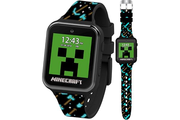 Minecraft Kids Smart Watch - Interactive Touchscreen with Games, Camera, Step Counter, Alarm, Timer, Voice Recorder, and Cool Minecraft Silicone Strap - Fits Wrists 5.5" to 8.0"