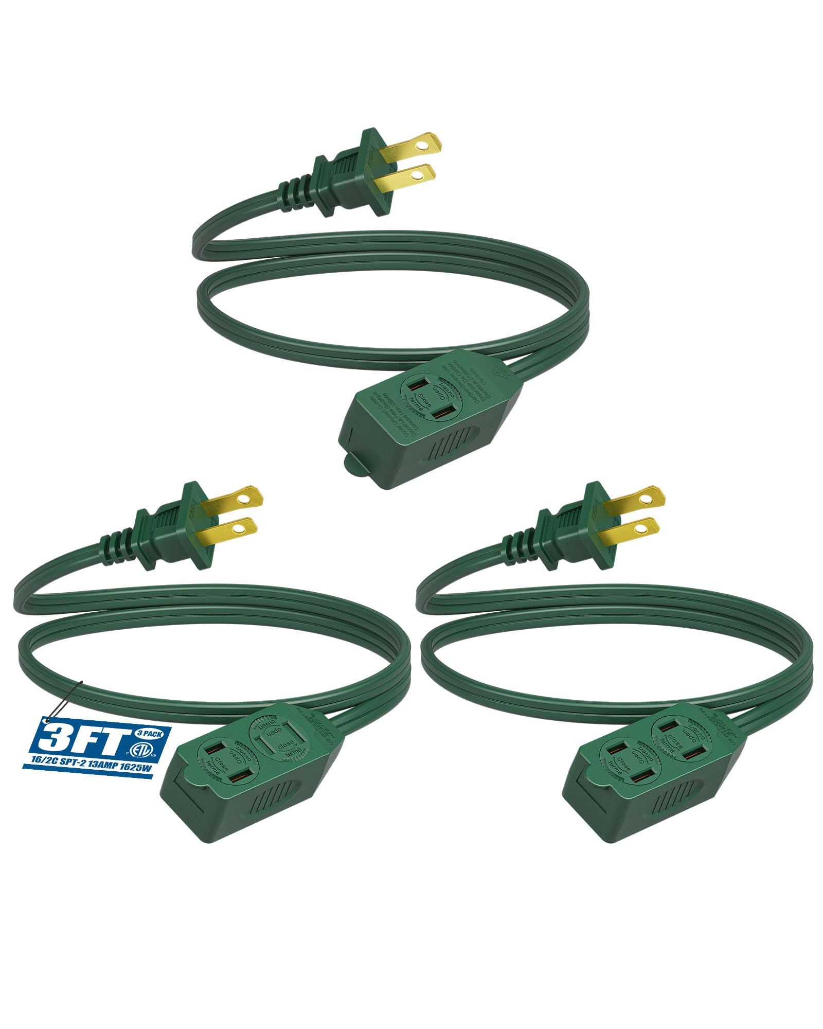 Photo 1 of DEWENWILS 3-Pack 3 Ft Extension Cord, 16 AWG with Multiple Outlets, 2 Prong for Home Office Garage, Rotate-to-Lock Safety Cover, ETL Listed, Green
