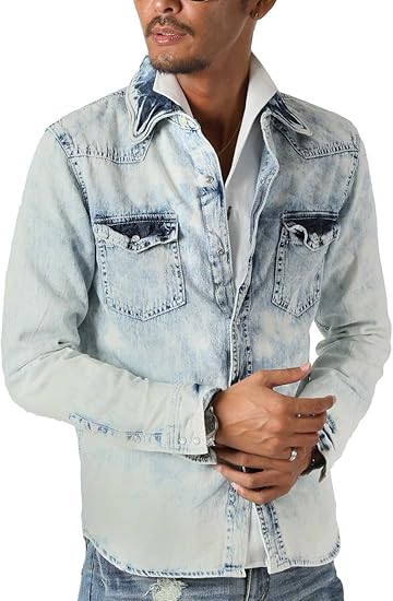 Amazon Bitter デニム シャツ メンズ 長袖 ワイヤーカラーブリーチデニムシャツ ウエスタン ブリーチブルーl シャツ 通販