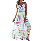 popvil Women Spaghetti Strap Maxi Dress Striped Summer Sleeveless V Neck Flowy Boho Beach Casual Long Dress