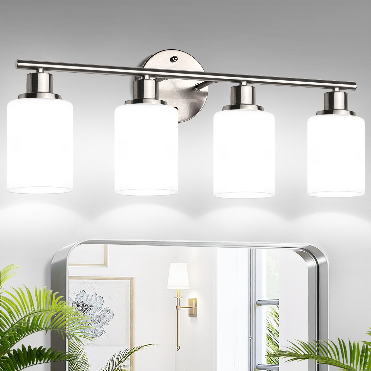 Photo 1 of Zarbitta 4-Light Bathroom Light Fixtures, Brushed Nickel Modern Vanity Lights with Milky White Frosted Glass Shades, Bathroom Wall Lamp for Mirror Kitchen Living Room