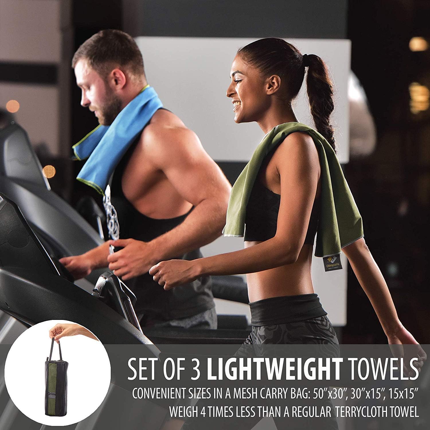 Set of 3 Microfiber Towels - Best for Gym Travel Camp Beach Backpacking Sports Outdoor Swim - Quick Dry Fast · Absorbent · Antimicrobial · Compact · Lightweight Men Women Gift Toiletry Bag (Khaki) : Sports & Outdoors