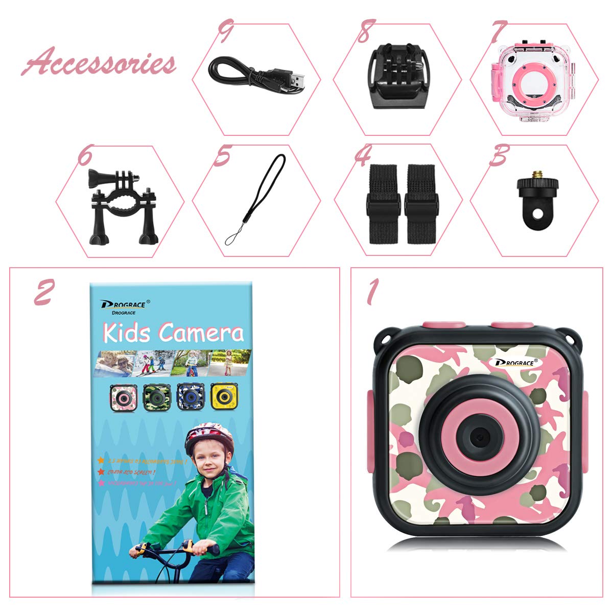DROGRACE Children Kids Camera Waterproof Digital Video HD Action Camera 1080P Sports Camera Camcorder DV for Girls Birthday Holiday Gift Learn Camera Toy 1.77\'\' LCD Screen (Pink)