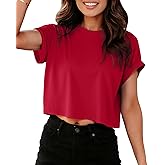 Crop Tops for Women Summer Short Sleeve Loose Fit T Shirts Casual Round Neck Rolled Basic Tees