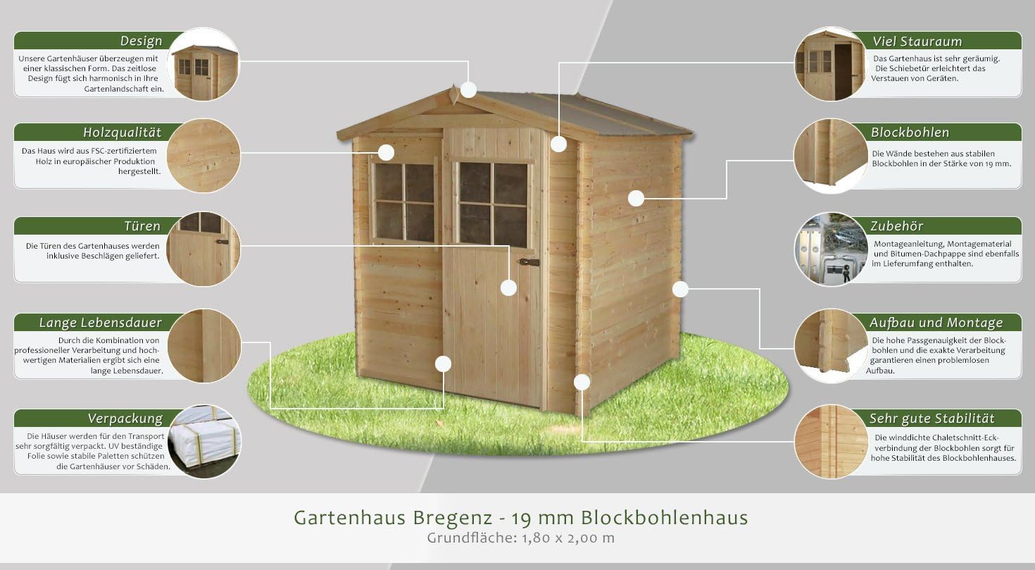 Gartenhaus Bregenz 1 80 X 2 00 Meter Aus 19mm Blockbohlen Amazon De Garten