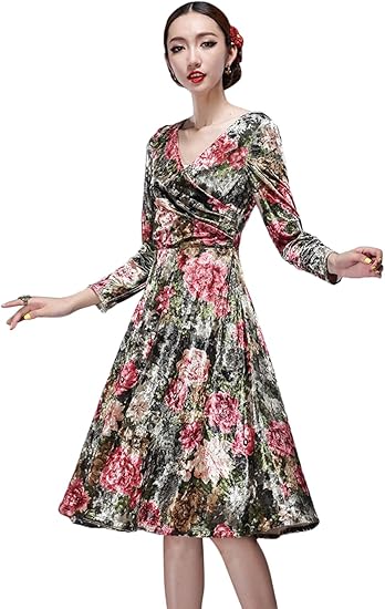 Amazon Bofeifs ボーフィズ 15秋冬 ベルベットワンピース 花柄プリント プリーツスカートエレガント レトロ 清楚系 ミモレ ワンピース Vネック 長袖 ハイウエスト 着痩せaライン マキシワンピース結婚式 フォーマルワンピースレディース ワンピース チュニック 通販