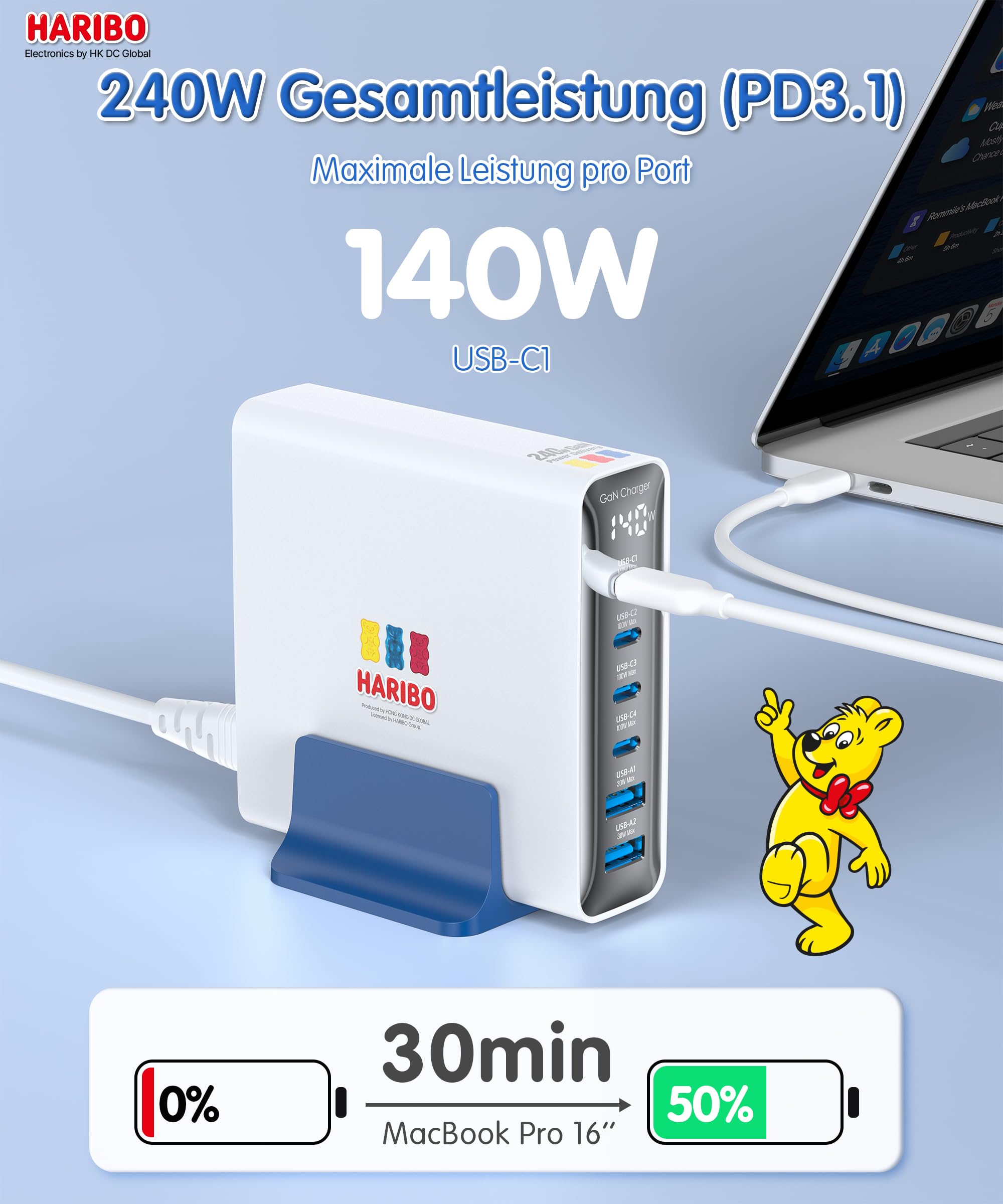 Haribo 240W USB C Ladegerät, 6-Port GaN Schnellladegerät USB-C Netzteil PD3.1 PPS für MacBook Pro/Air, für iPhone 17/16, iPad Pro, Galaxy S25/S24, für Dell XPS/Hp, Laptop ladegerät Geschenk, Blau 2