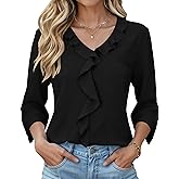 AKEWEI 3/4 Length Sleeve Womens Tops Dressy Casual Blouses Ruffle V Neck T Shirts Cute Curved Hem Tunic Tee Fashion 2026
