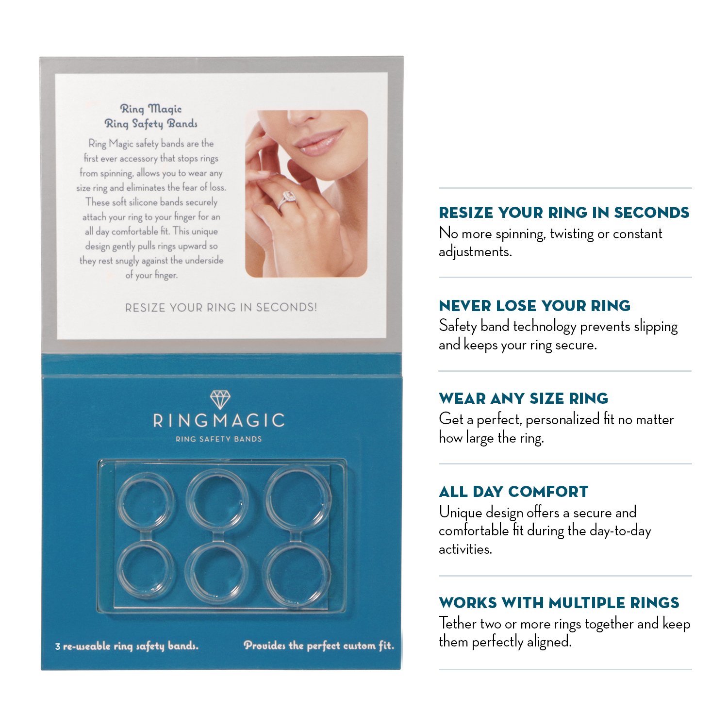 Ring Magic Ring Resizer, Ring Safety Bands, Trial Pack 3 Assorted Sizes (1 Sm, 1 Med, 1 Lrg