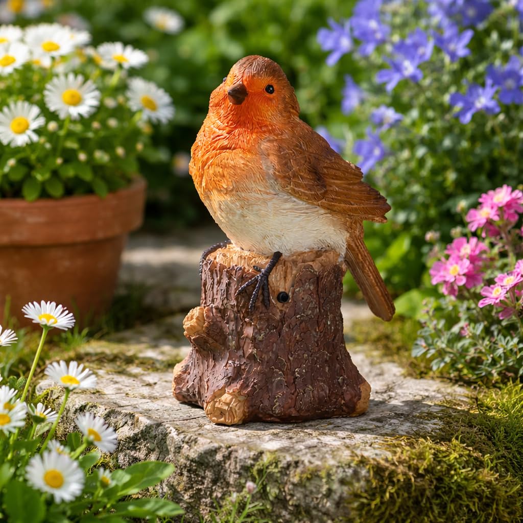 Garden Mile Singing Robin Solar Garden Ornament Realistic Singing Bird Decoration, Bird Song Hand Painted Resin Garden Ornament Outdoor Solar Powered Sound Ornament for Garden, Patio & Memorial Gift