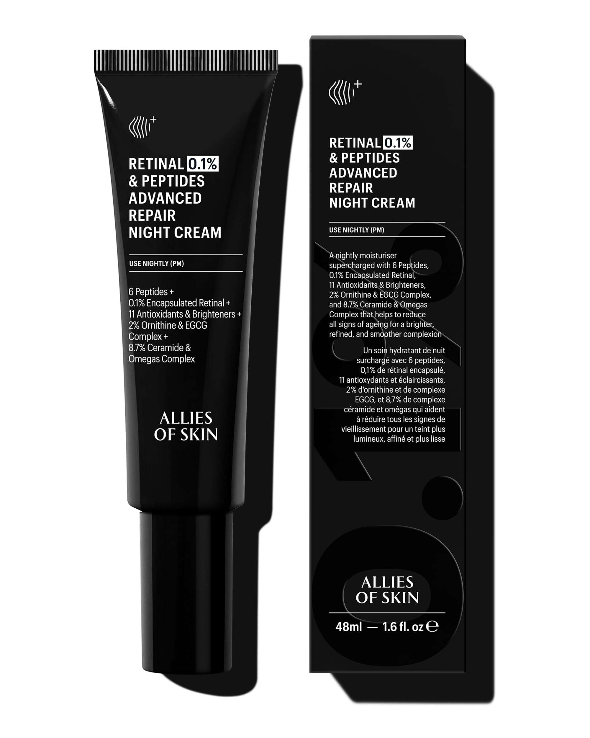 Allies of Skin Retinal 0.1% Peptides Repair Night Cream with Patented 0.1% Encapsulated Retinal, 6 Peptides, 2% Ornithine & EGCG Complex, 8.7% Ceramides & Omegas Complex