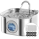 NautyPaws Cat Water Fountain Stainless Steel: 108oz/3.2L Automatic Pet Water Fountain - Dog Water Dispenser with Water Level Window - for Cats Inside with 8 Replacement Filters and 8 Sponges