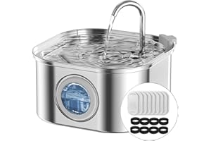 NautyPaws Cat Water Fountain Stainless Steel: 108oz/3.2L Automatic Pet Water Fountain - Dog Water Dispenser with Water Level Window - for Cats Inside with 8 Replacement Filters and 8 Sponge…