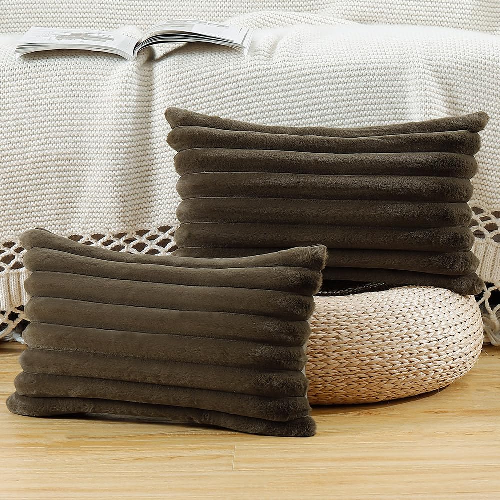 Madizz Set of 2 Faux Fur Decorative Cushion Covers 12x20 inch, 30x50 cm, Drak Brown Soft Couch Throw Pillows for Bed Modern Pillowcases for Sofa Livingroom Home Decor — image 1