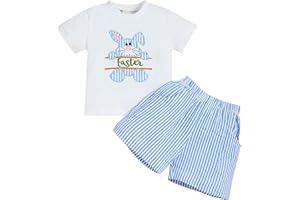 Sinhoon Baby Girl Boy Easter Outfits Infant Bunny Pattern Romper+Blue Stripes Suspender Pants Toddler Easter Clothes Sets