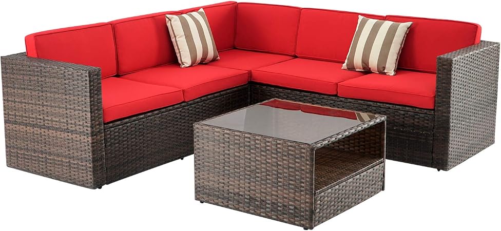 Amazon Com Oakmont 4pcs Outdoor Furniture Patio L Shaped Conversation Sectional Sofa Set With Brown Premium Wicker Sophisticated Glass Coffee Table Front Porch Garden Pool Lawn Red Garden Outdoor
