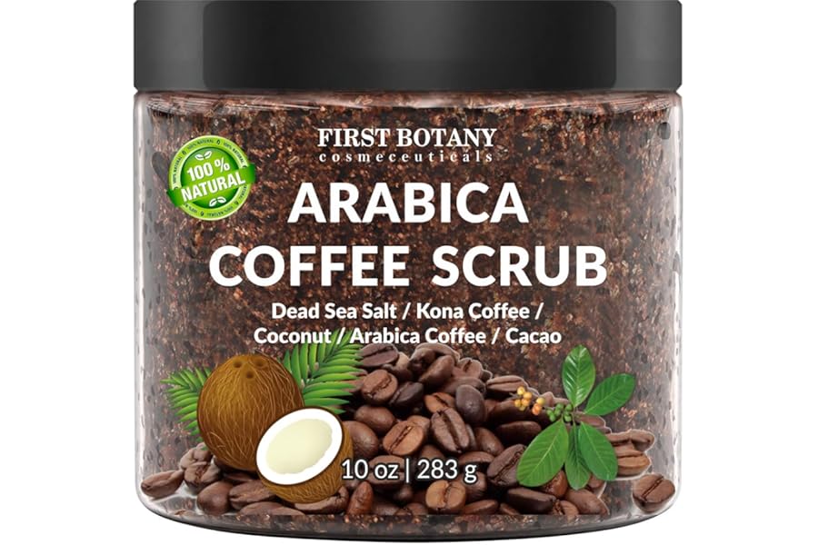 First Botany Cosmeceuticals, 100% Natural Arabica Coffee Scrub with Organic Coffee Coconut & Shea Butter Acne Anti Cellulite & Stretch Mark treatment Spider Vein Therapy, Varicose Veins Eczema, 10 oz