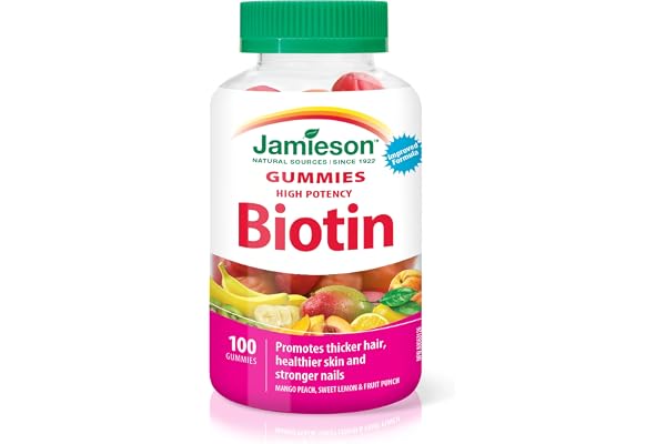 Jamieson High Potency Biotin Gummies with Vitamin C and Vitamin E, 100 Gummies, Mixed Flavours. Supports Thicker Hair, Health