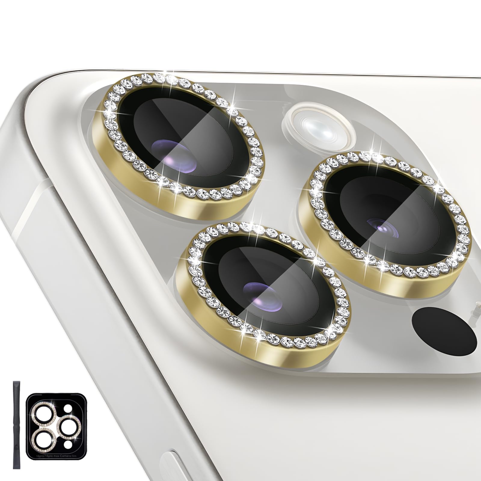 Zevytop Camera Lens Protector for iPhone 16 Pro/iPhone 16 Pro Max, Individual Tempered Glass Camera Ring Lens Protector with Installation Tray Fit for iPhone 16 Pro/16 Pro Max Diamond Gold