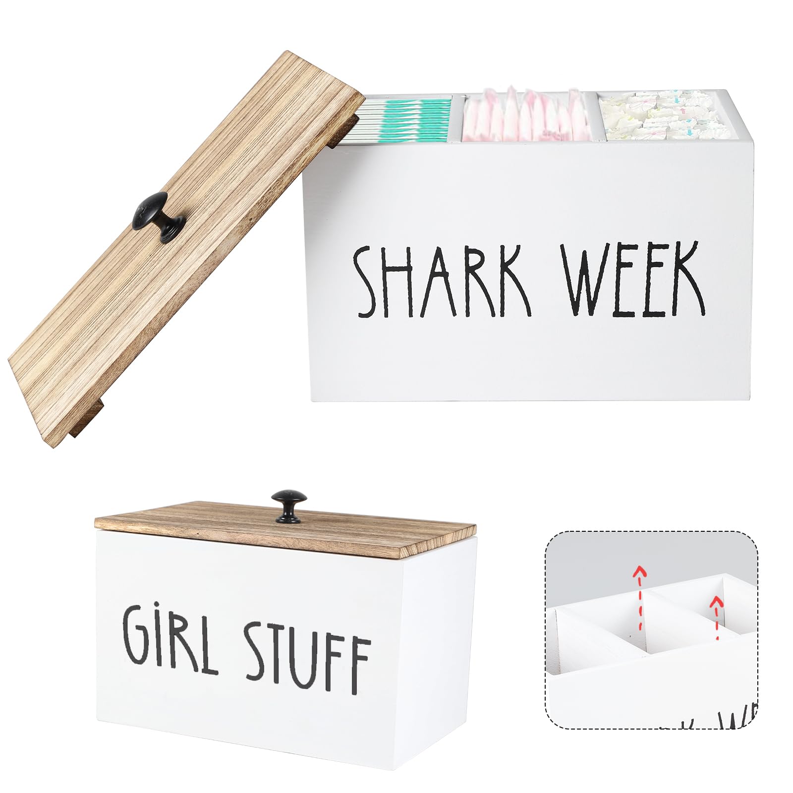Gzsekken Tampon Holder Storage for bathroom,Shark Week Tampon Sanitary Pad Storage Box,Rustic Wood Bathroom Storage Bin with Lid, Period Organizer for Women, Feminine Products Caddy