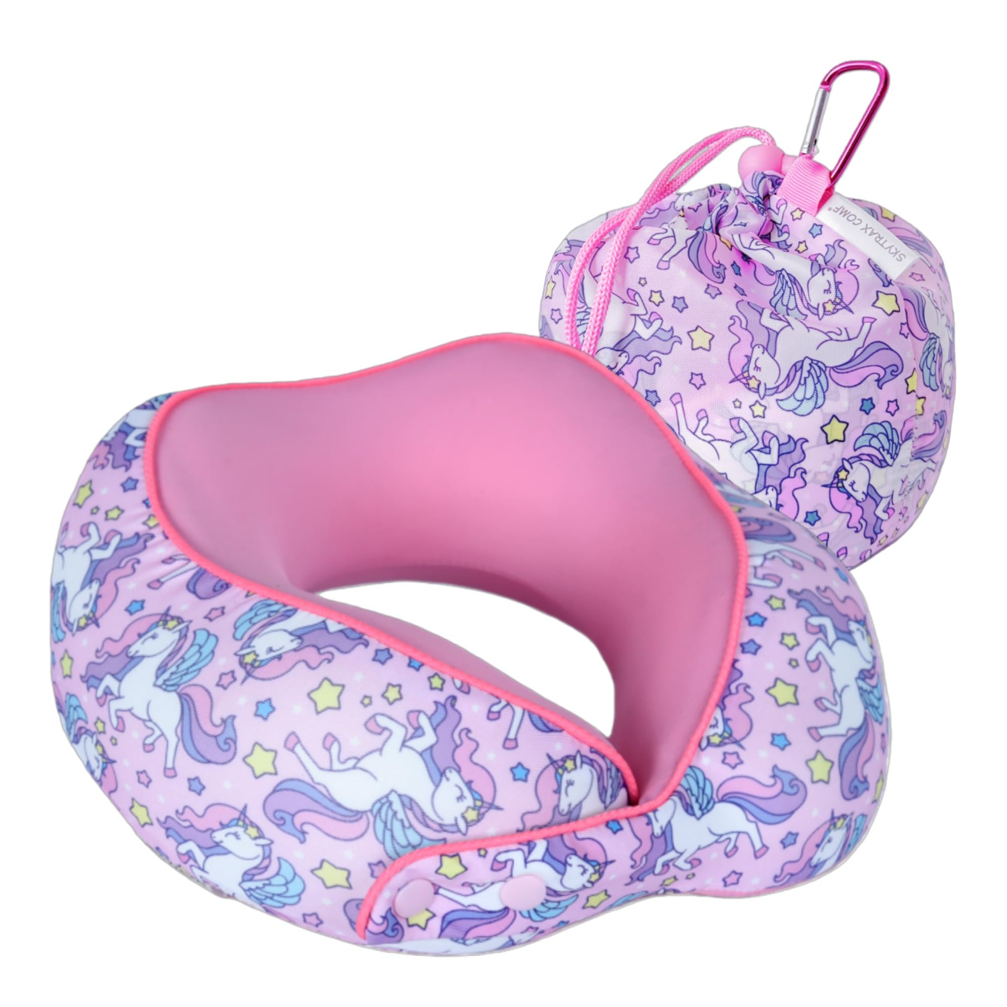 SKYTRAX® Certified Kids Safe Memory Foam Travel Neck Pillows for Kids and Toddlers, Cute Cartoon Design, Car Seat & Airplane Head Neck Support, Adjustable Snap Buttons, Washable Soft Cover (Unicorn)