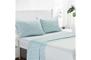 ARTALL 4-Piece Floral Print Queen Size Sheet Set, Soft Microfiber All-Season Bed Sheets Includes 2 Pillowcases, 1 Flat Sheet, 1 Fitted Sheet with 12" Deep Pockets, Green and White