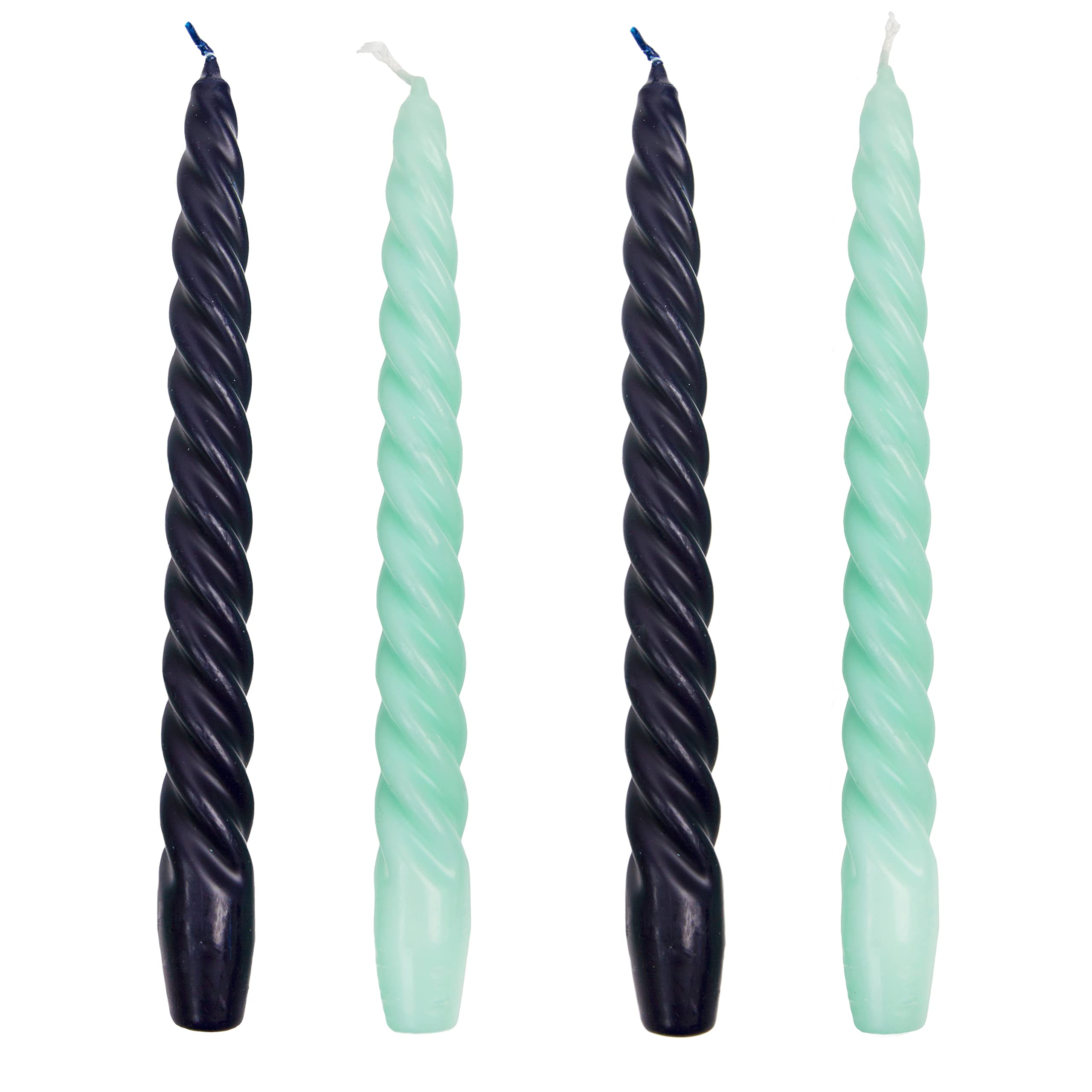 Italian Spiral Twisted Tapered Dinner Candles Unscented Navy Blue and Mint Green Made by Talking Tables 4pack