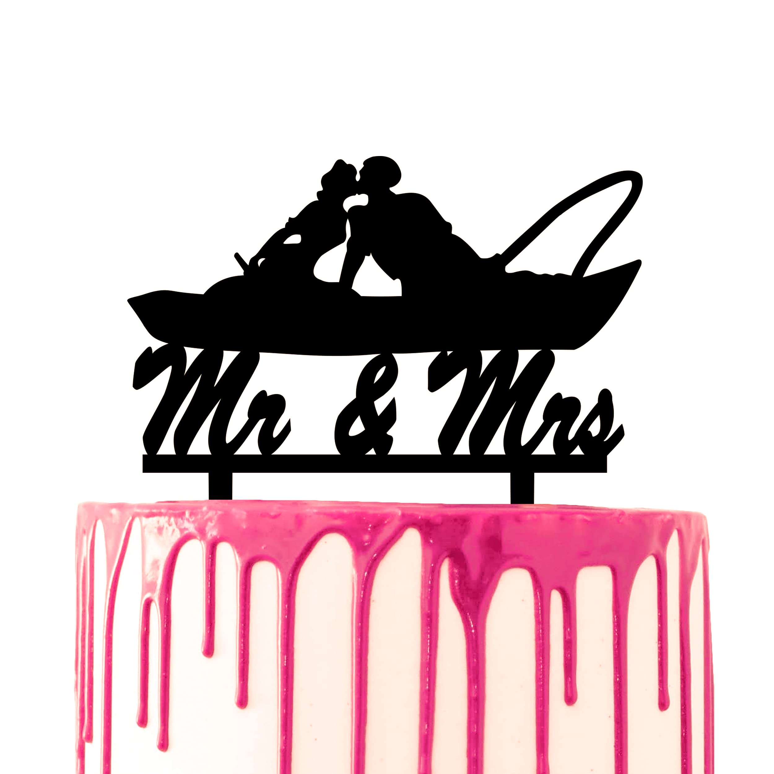 CARISPIBET Wedding Cake Topper Groom and Bride Kiss Fishing boat Marriage Cake Theme Party "Mr. & Mrs."