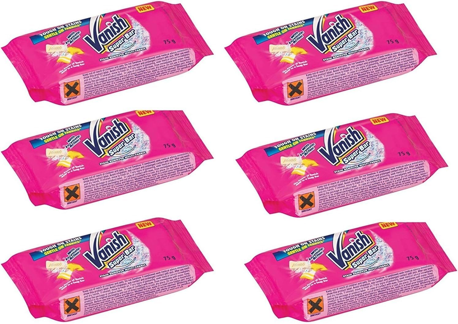 Vanish Grease Stubborn Stain Remover Multi-Fabric, Pre-Wash Bar Laundry Washing, 75g (6-Pack)