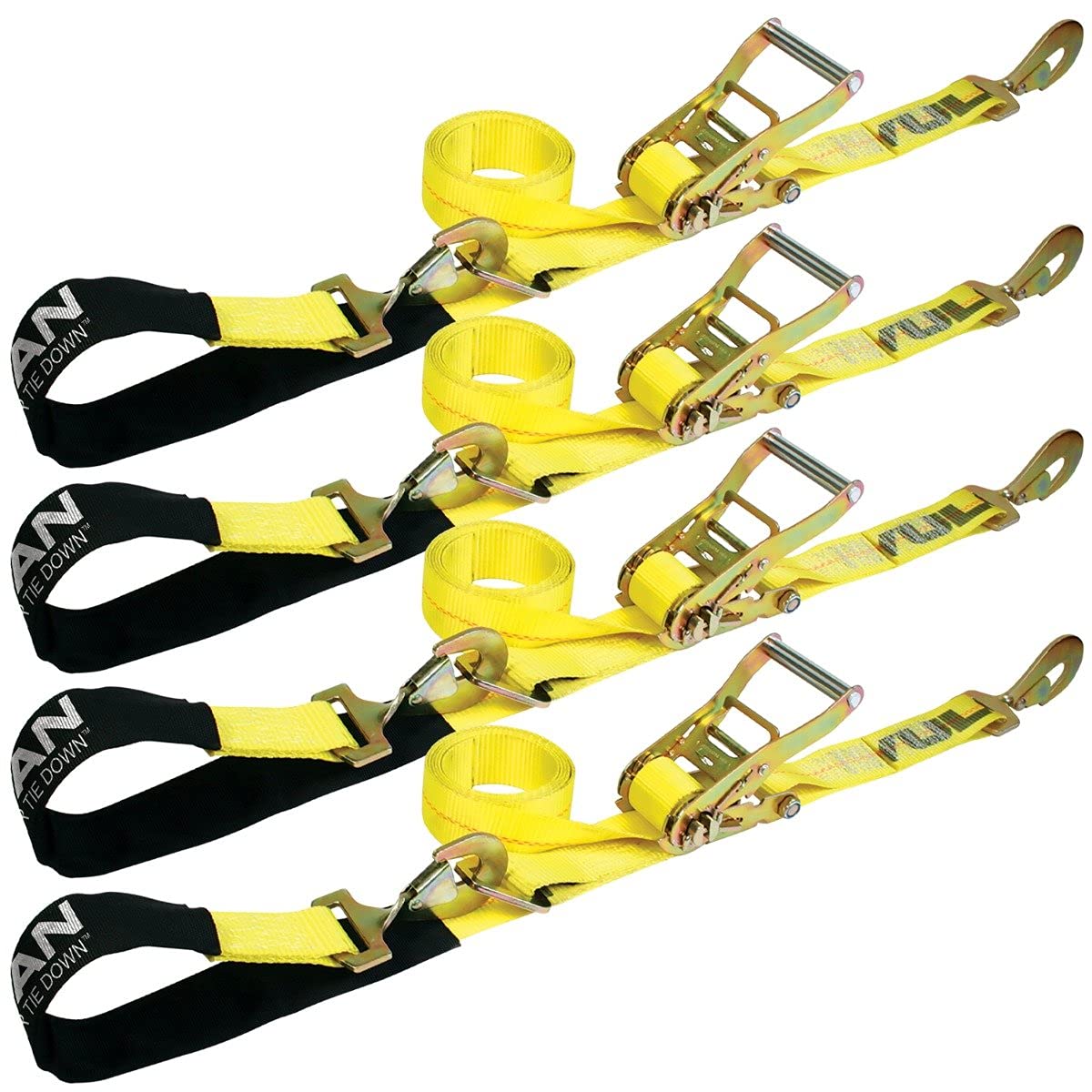 Photo 1 of VULCAN Axle Tie Down Combo Strap with Snap Hook Ratchet - 2 Inch x 114 Inch - 4 Pack - Classic Yellow - 3,300 Pound Safe Working Load