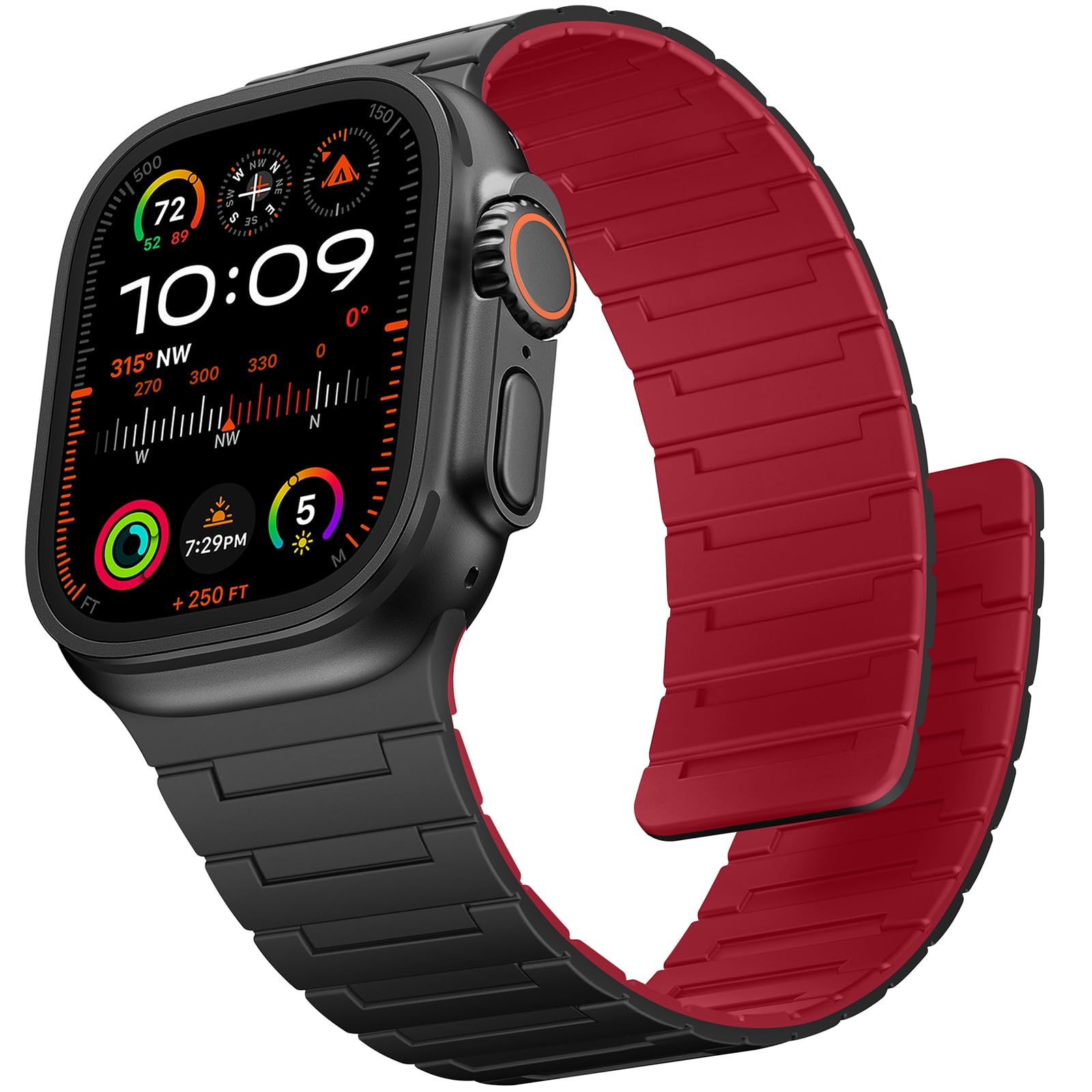 Suphart Strong Magnetic Strap Compatible with Apple Watch Strap 49mm 46mm 45mm 44mm 42mm 41mm 40mm 38mm, Silicone Band for iWatch Ultra 2 SE Series 10 9 8 7 6 5 4（49/46/45/44/42mm, Black-Red）