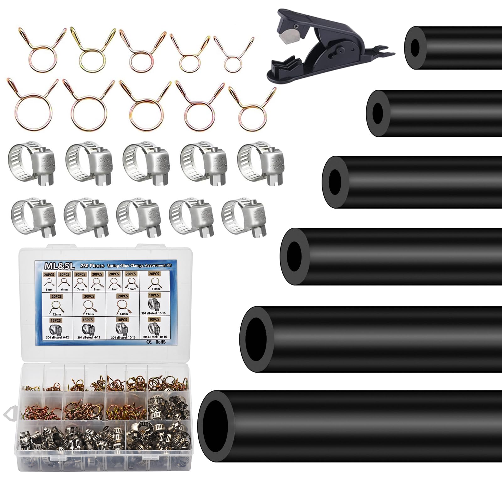 Silicone Vacuum Tubing Hose 6PCS 6.6FT + 12Size 260pcs Hose Clamps, 1/8" 5/32" 3/16" 1/4" 5/16" 3/8"ID, High Performance 130PSI Engine Automotive Vacuum Silicone Hose Line Kits