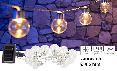 Lunartec Außenlichterketten Solar: Solar-LED-Lichterkette mit 10 LED Glühbirnen, 1,8 Meter, IP44 (LED Solar Lichterketten warmweiß)